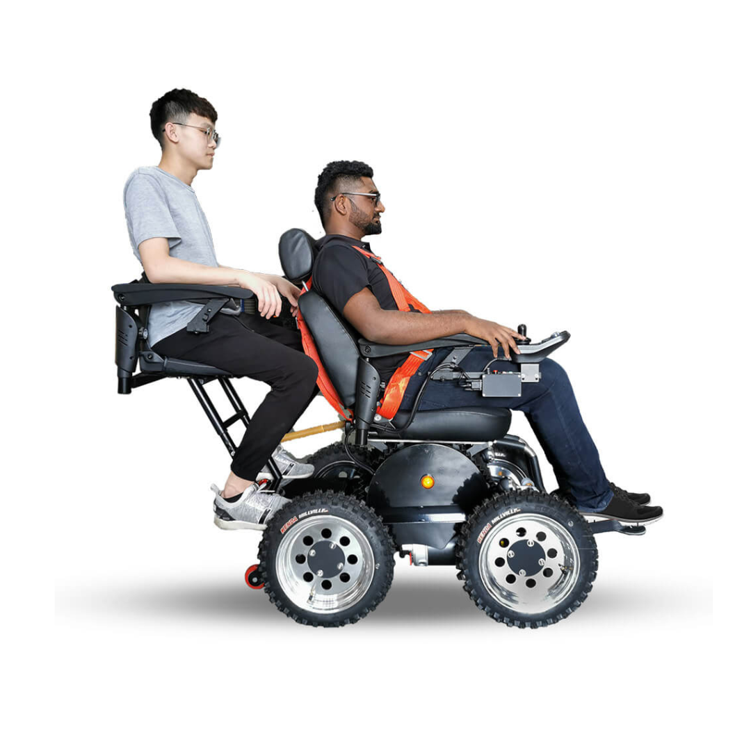 Two men sit calmly on the Wheelchair88 All-Terrain Stair Climbing 4x4 Recreational Electric Vehicle; one drives while the other rides as a passenger, highlighting its robust capability and balance against a white background.